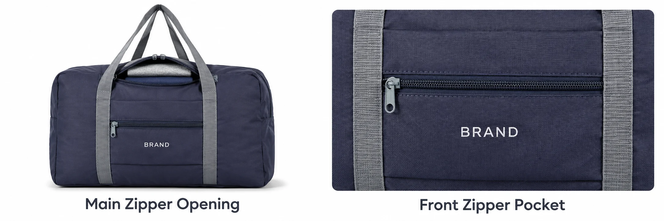Navy duffel with a partially open main zipper beside a close-up of its front zipper pocket.