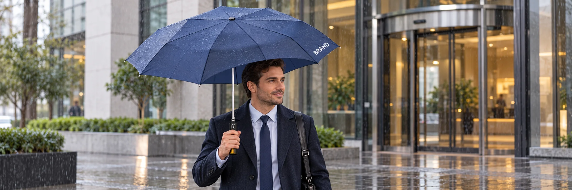 Business traveler holding a navy folding umbrella outside an office entrance in light rain