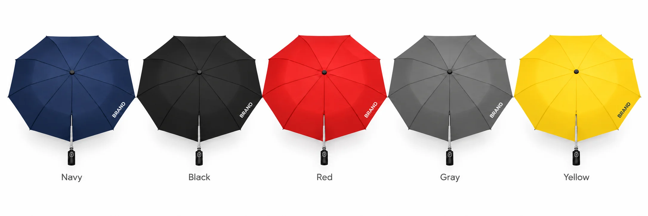 Five umbrella canopies labeled navy, black, red, gray and yellow