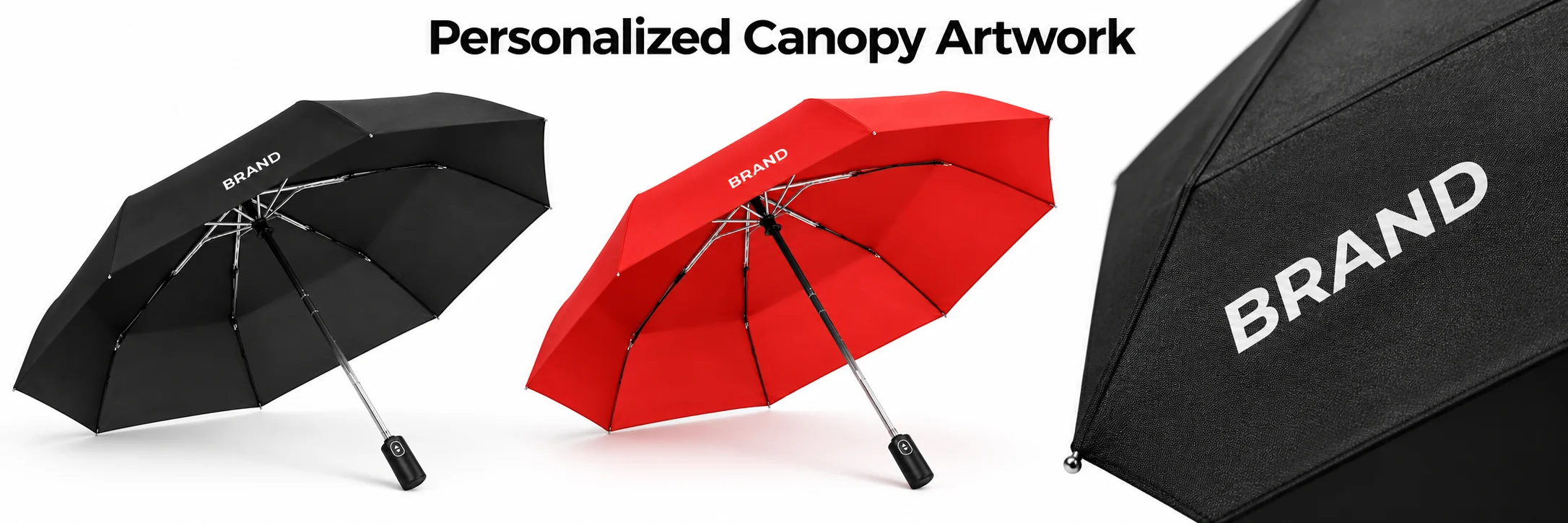 Black and red folding umbrellas showing personalized canopy lettering and an artwork-placement close-up