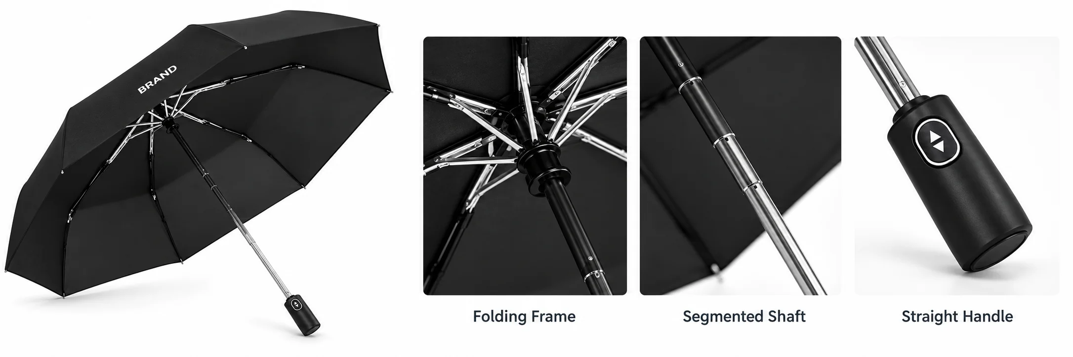 Black umbrella underside beside close-ups of rib connections, the segmented shaft and straight handle