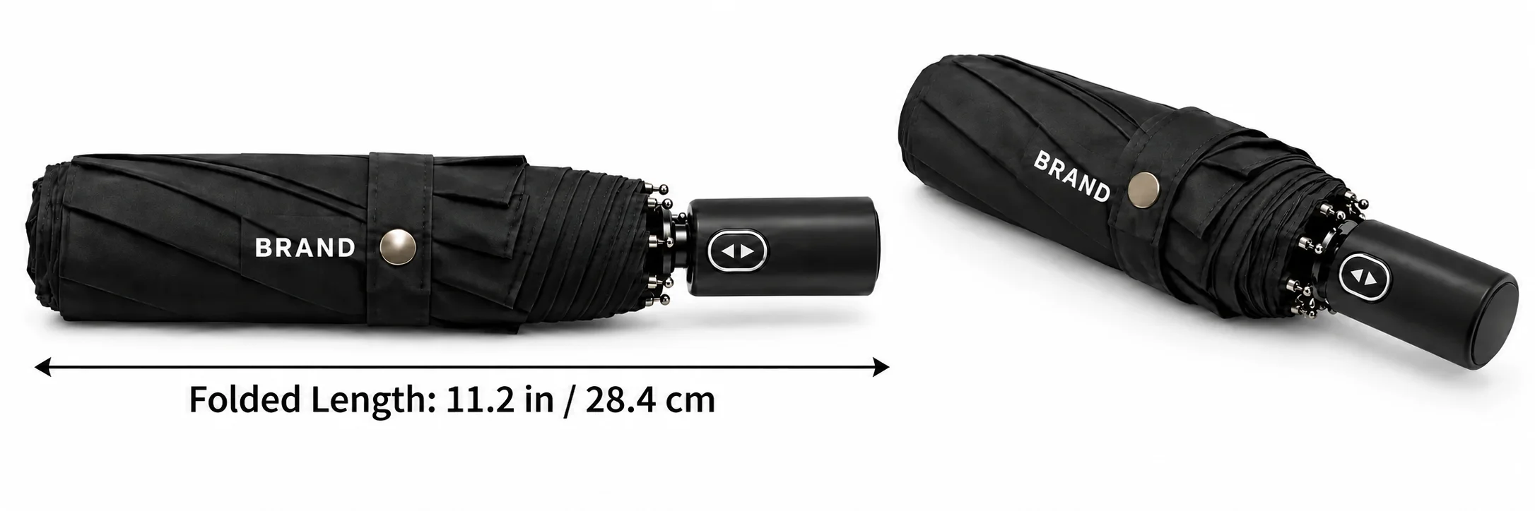 Folded black umbrella views with an 11.2-inch length measurement 