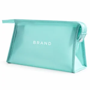 Aqua frosted PVC cosmetic pouch with white lettering, top zipper, side loop and shaped base.