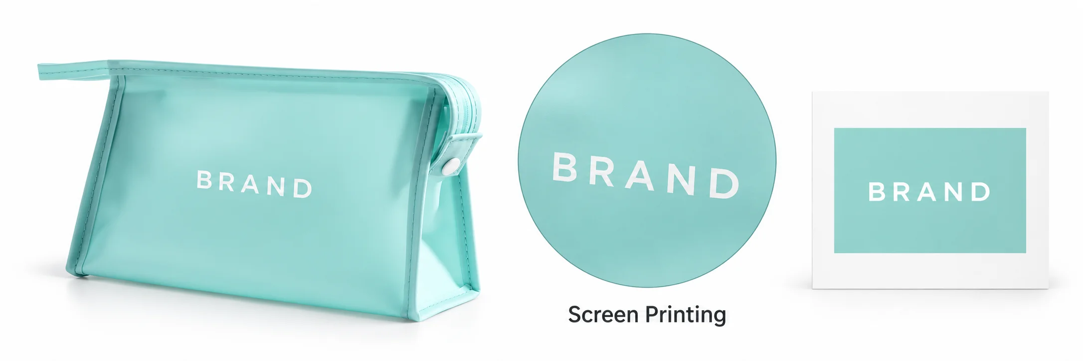 Aqua frosted pouch with white printed lettering beside an enlarged placement detail and matching artwork sheet.