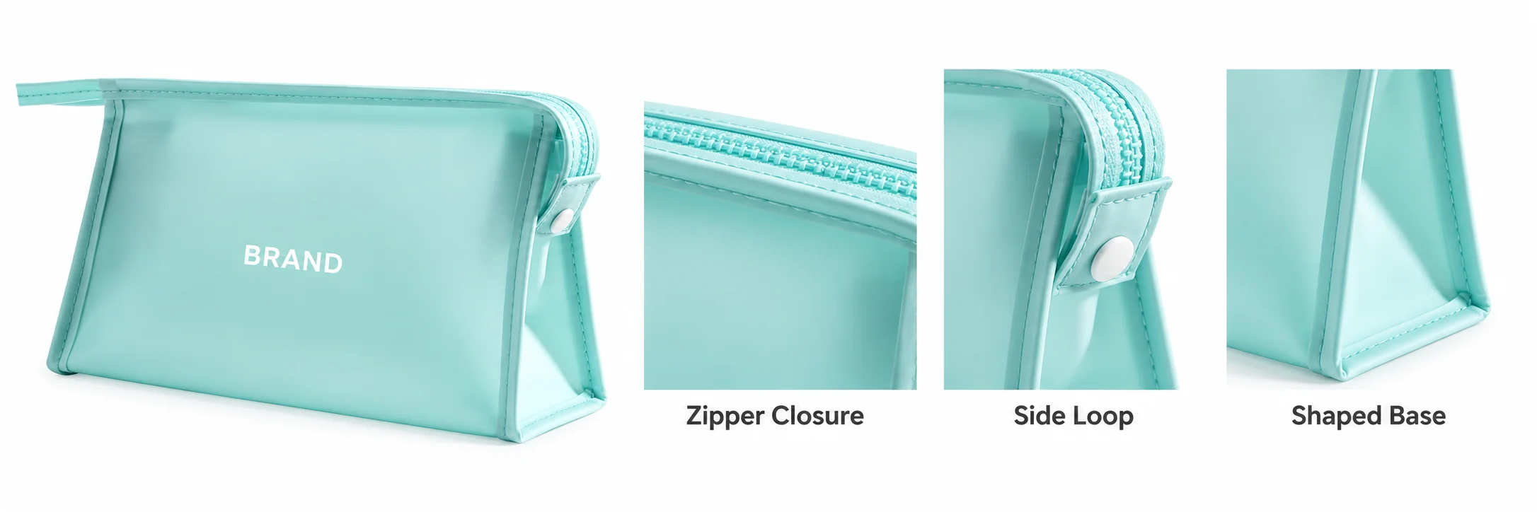 Aqua cosmetic pouch beside close-ups of its top zipper, side loop and shaped base.