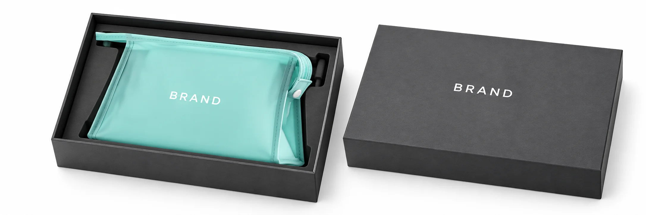 Aqua frosted cosmetic pouch with white lettering inside a fitted charcoal presentation box beside its lid.