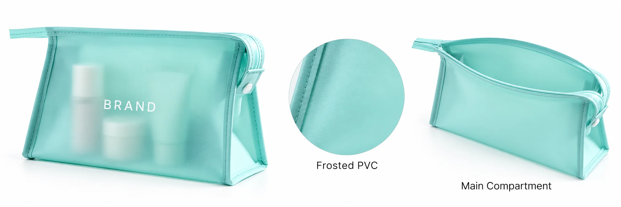 Aqua pouch showing diffused cosmetic outlines beside a material close-up and open compartment view.