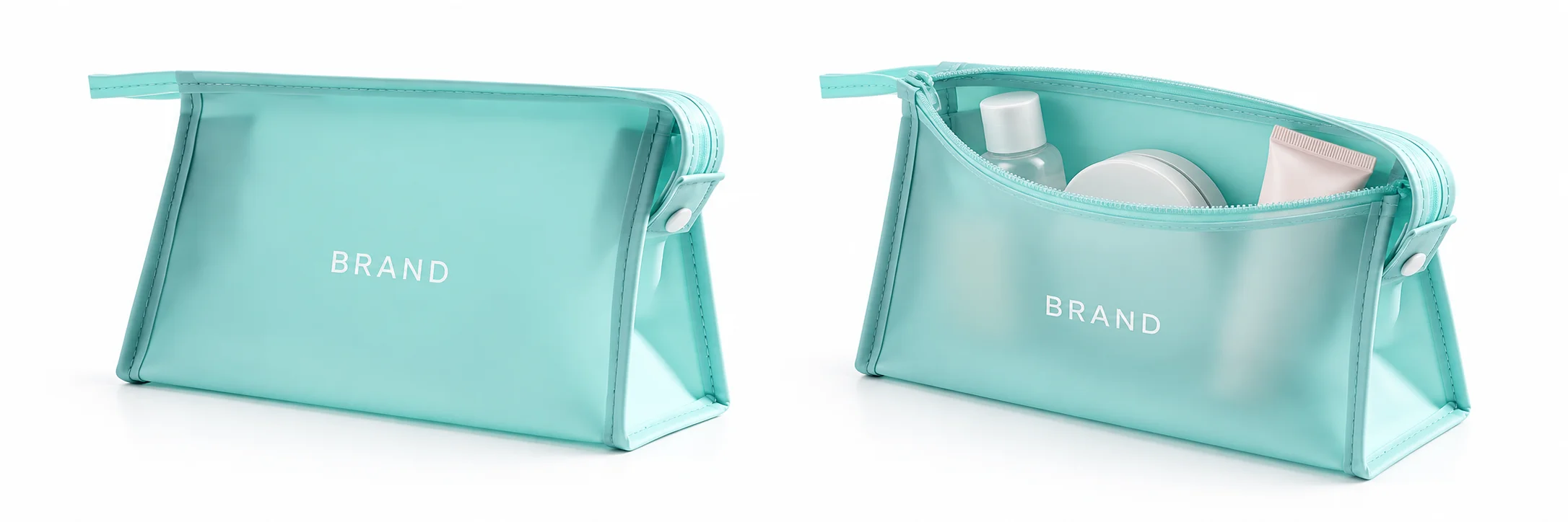 Closed aqua frosted pouch with white lettering beside an open view containing small cosmetics.