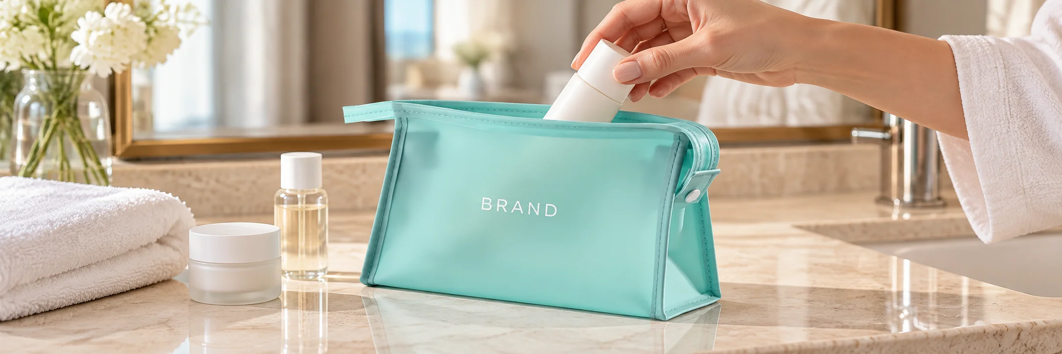 Traveler placing a small personal-care container into an aqua cosmetic pouch on a hotel vanity.