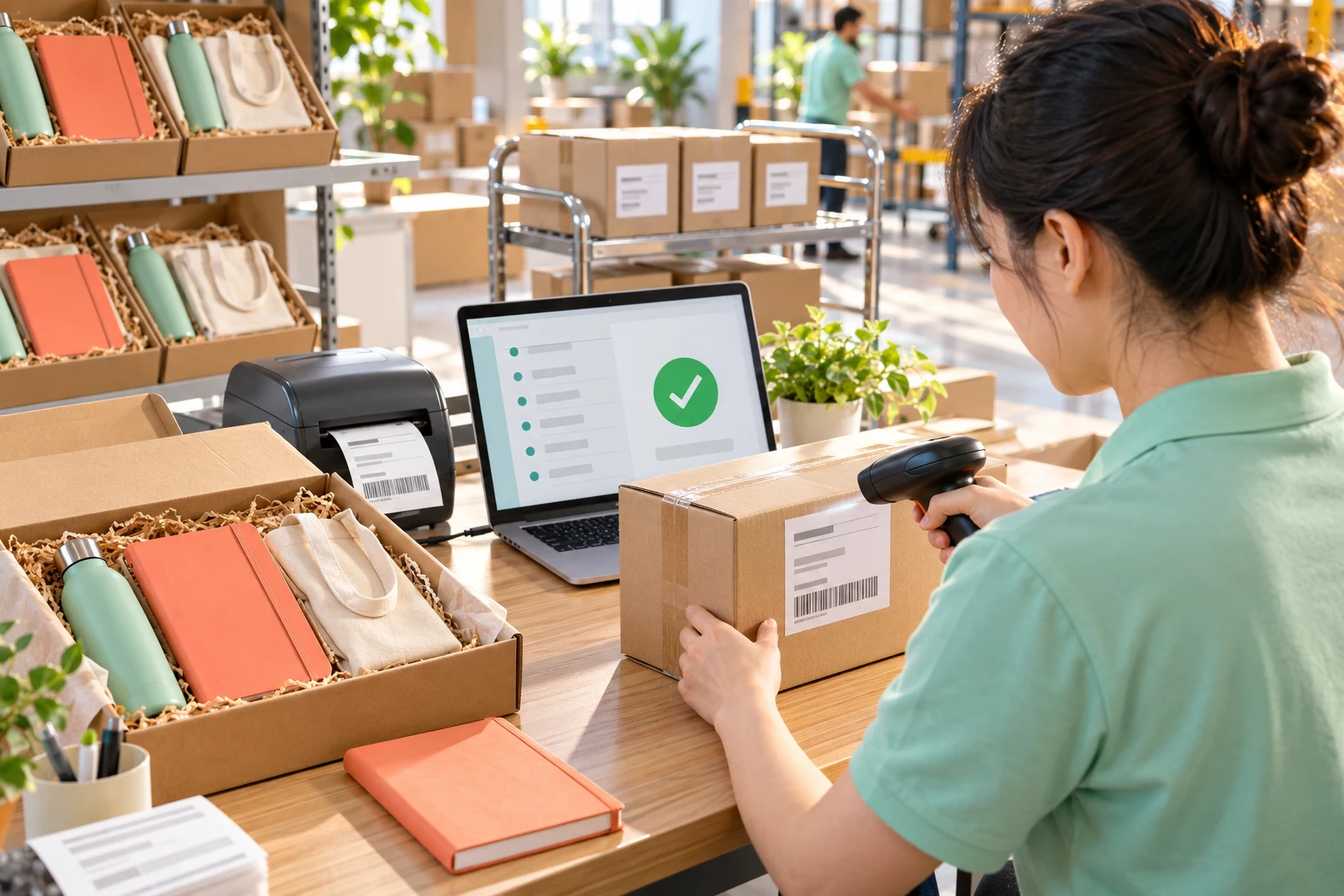 Fulfillment worker scanning a shipping label on a parcel box next to a laptop displaying a green checkmark verification screen.