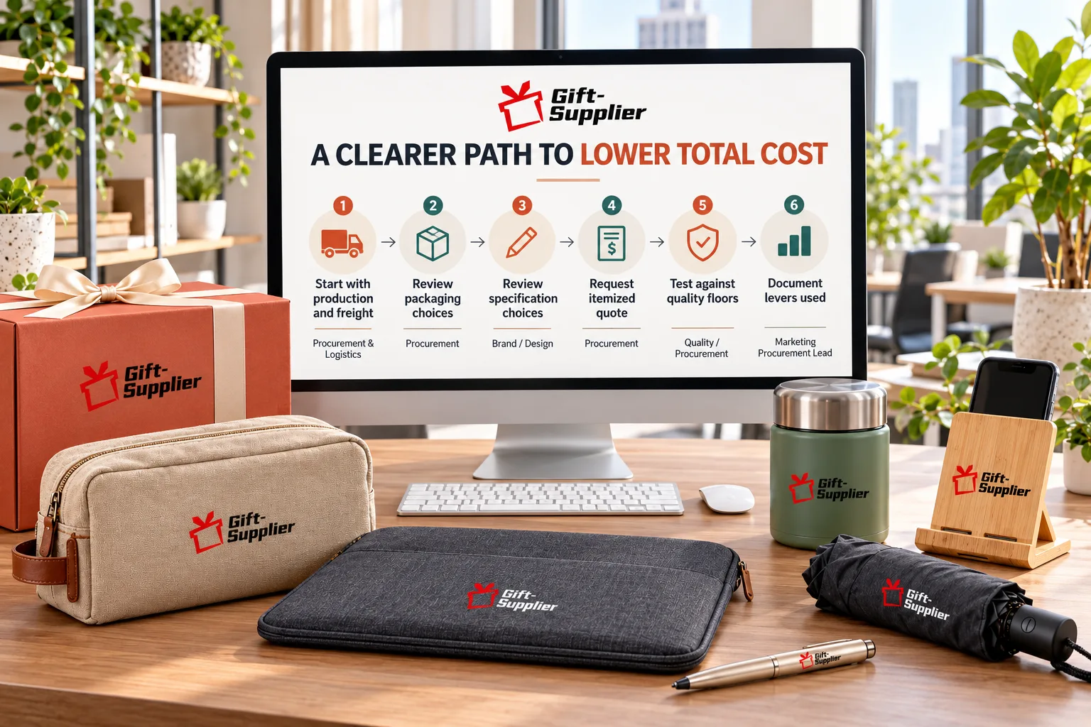 Six-step workflow diagram showing a clearer path to lower total cost for promotional gifts