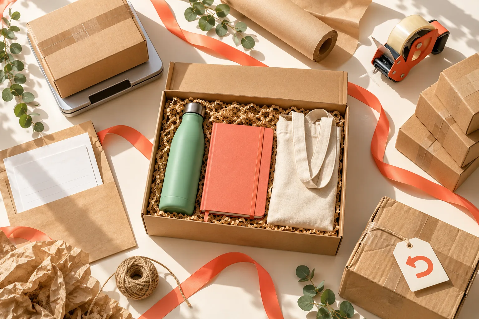 Overhead flat lay of a corporate gift box surrounded by shipping scales, tape, mailing envelopes, and return-tagged packages.