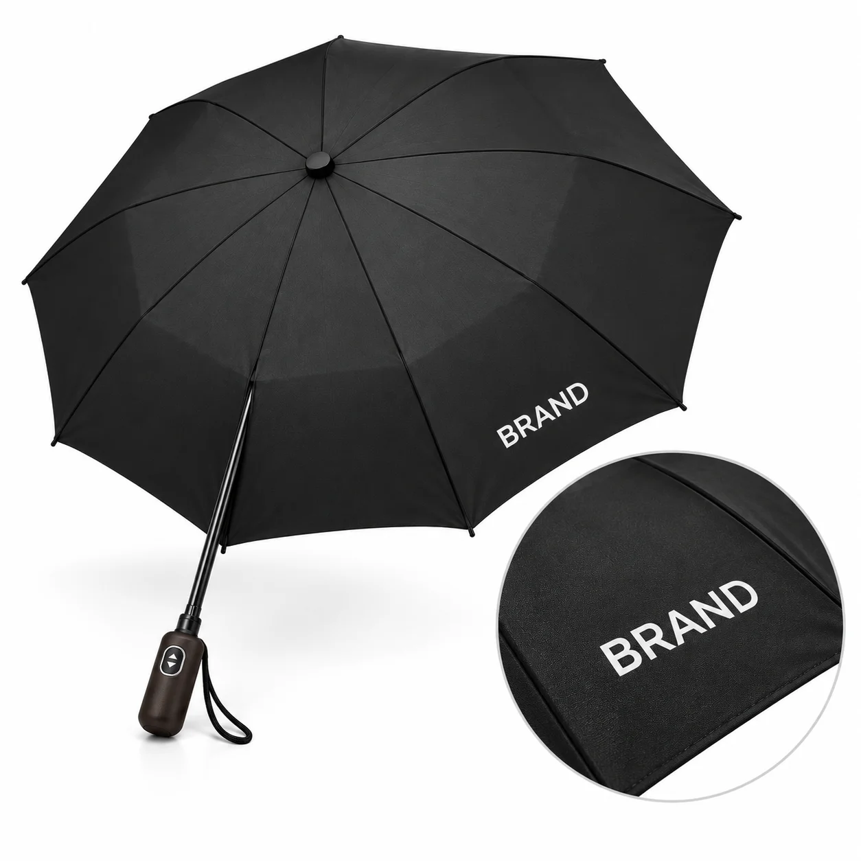 Black golf umbrella showing white personalized lettering with a canopy-panel close-up
