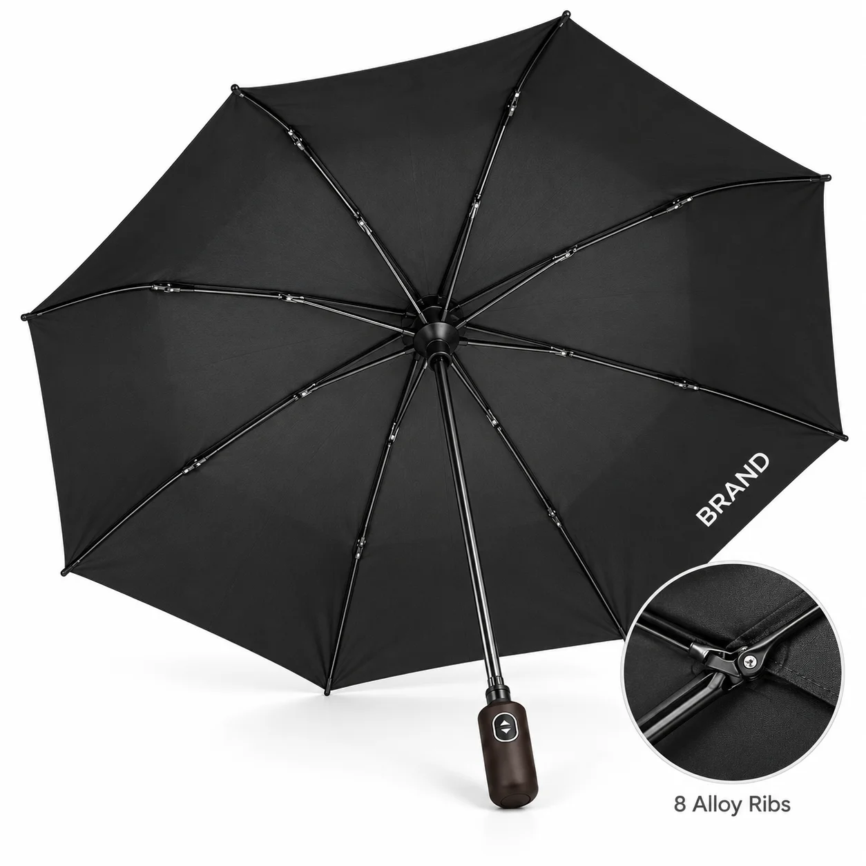 Underside of a black golf umbrella showing its eight-rib frame and a rib-connection close-up