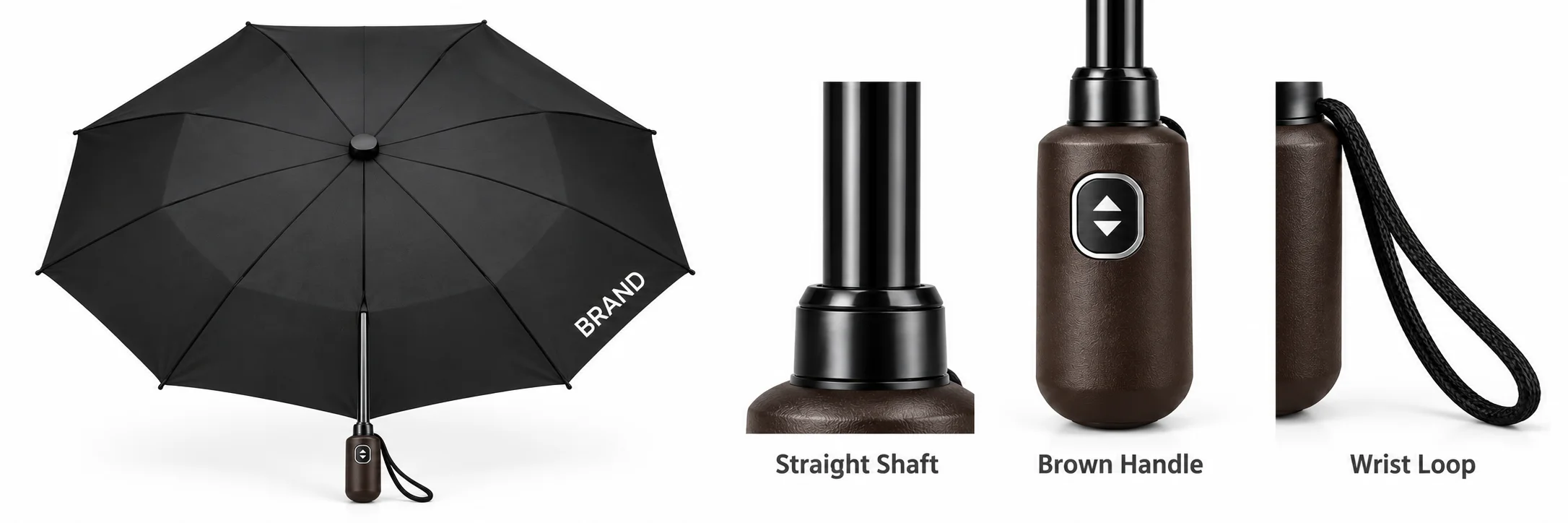 Complete black golf umbrella beside detailed views of its brown handle, wrist loop and lower shaft