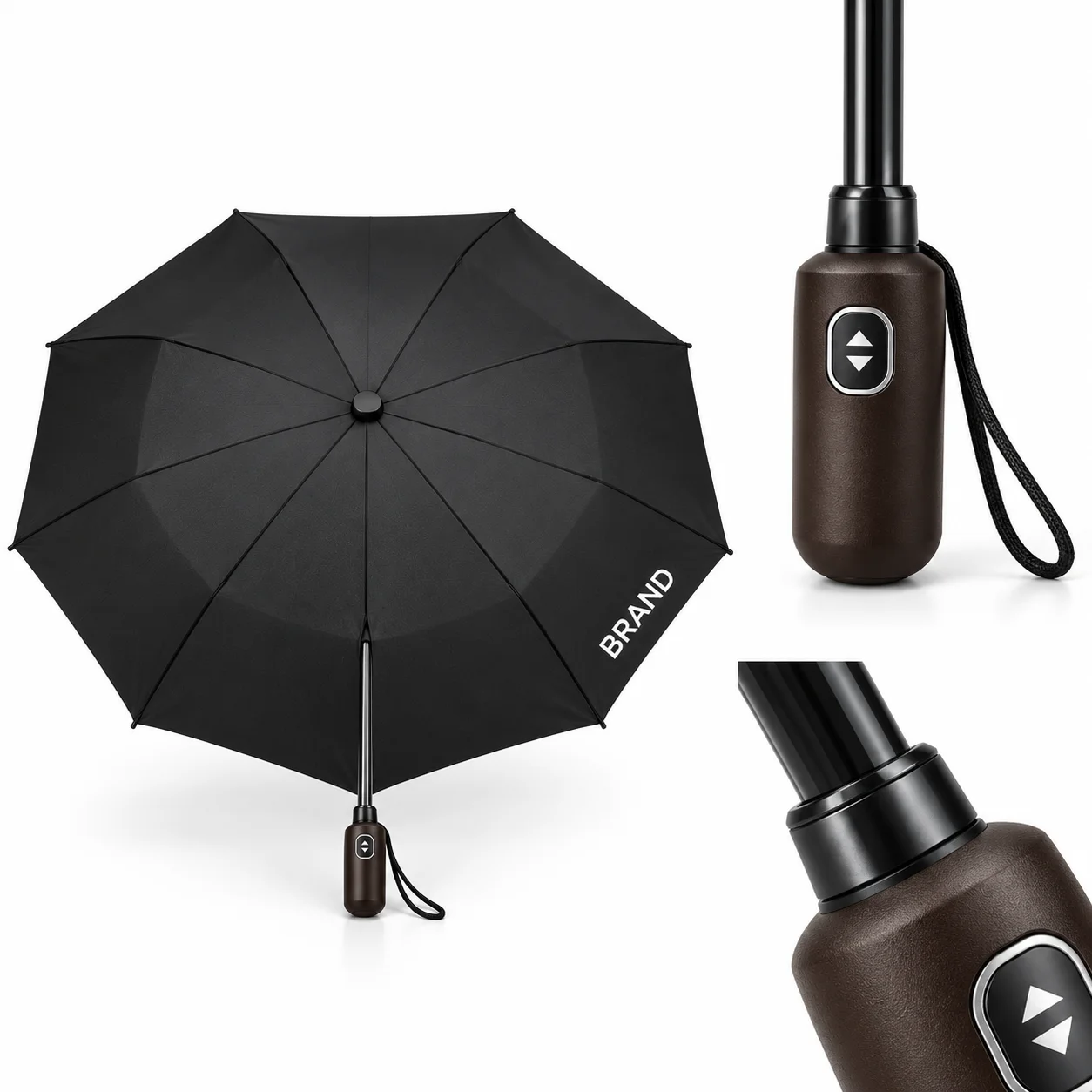 Black golf umbrella beside close-ups of its brown handle, wrist loop and shaft connection