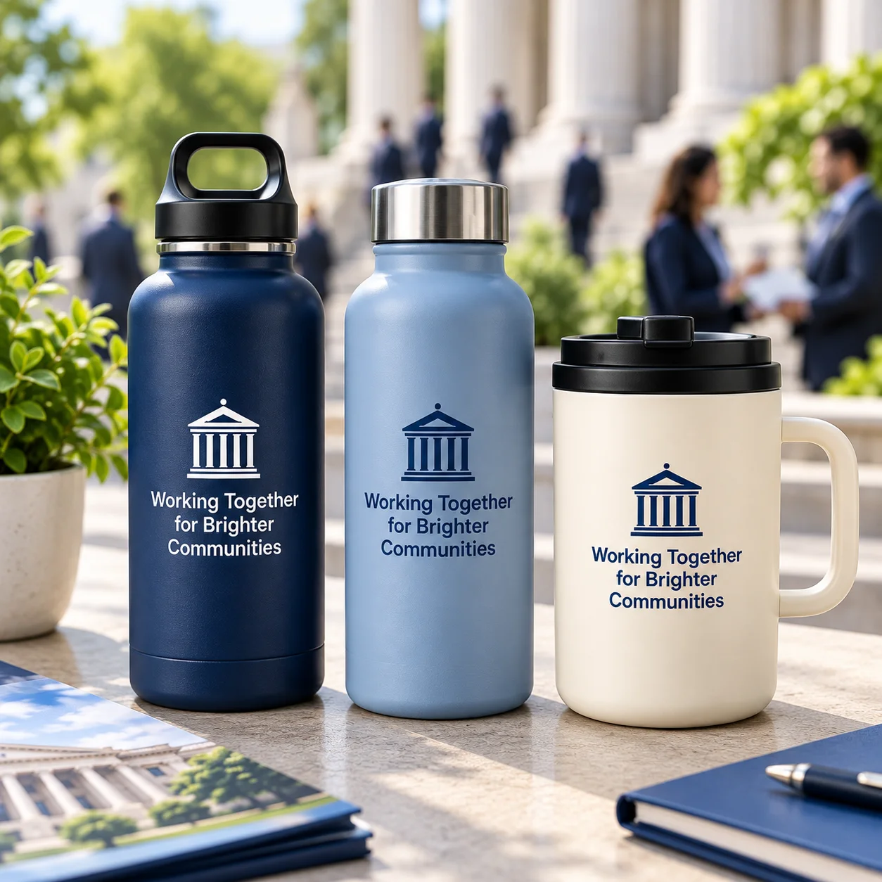 Navy and light blue civic-branded bottles beside a cream travel mug