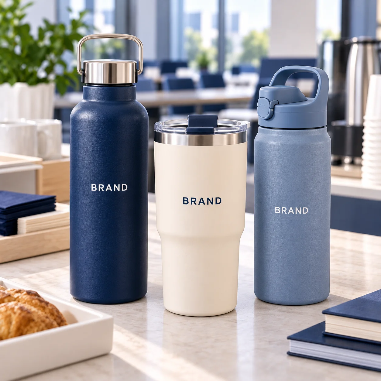 Navy and slate-blue bottles beside a cream branded travel mug