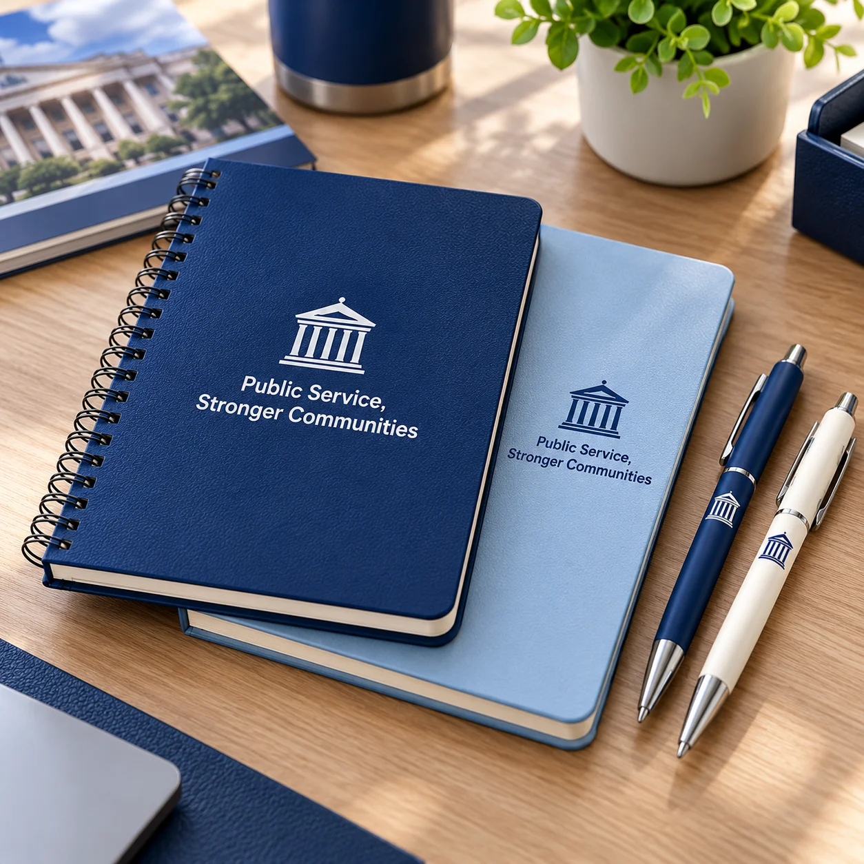 Navy and light blue notebooks with civic-building logos beside two coordinated pens