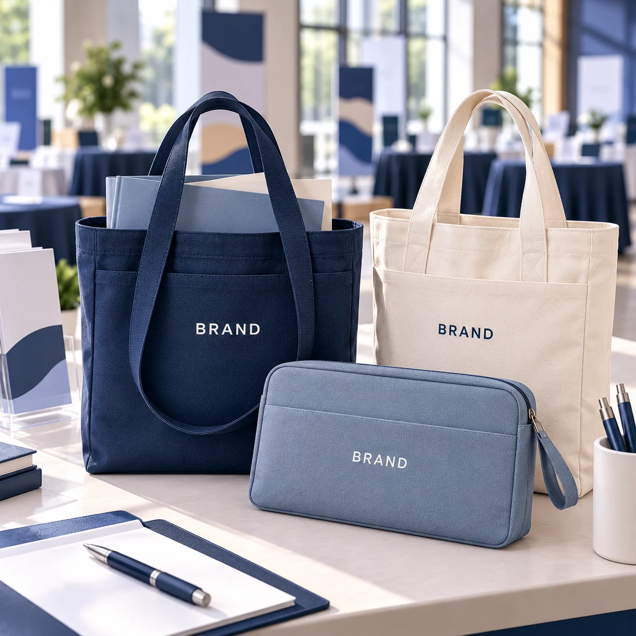Navy and cream tote bags with a slate-blue document pouch