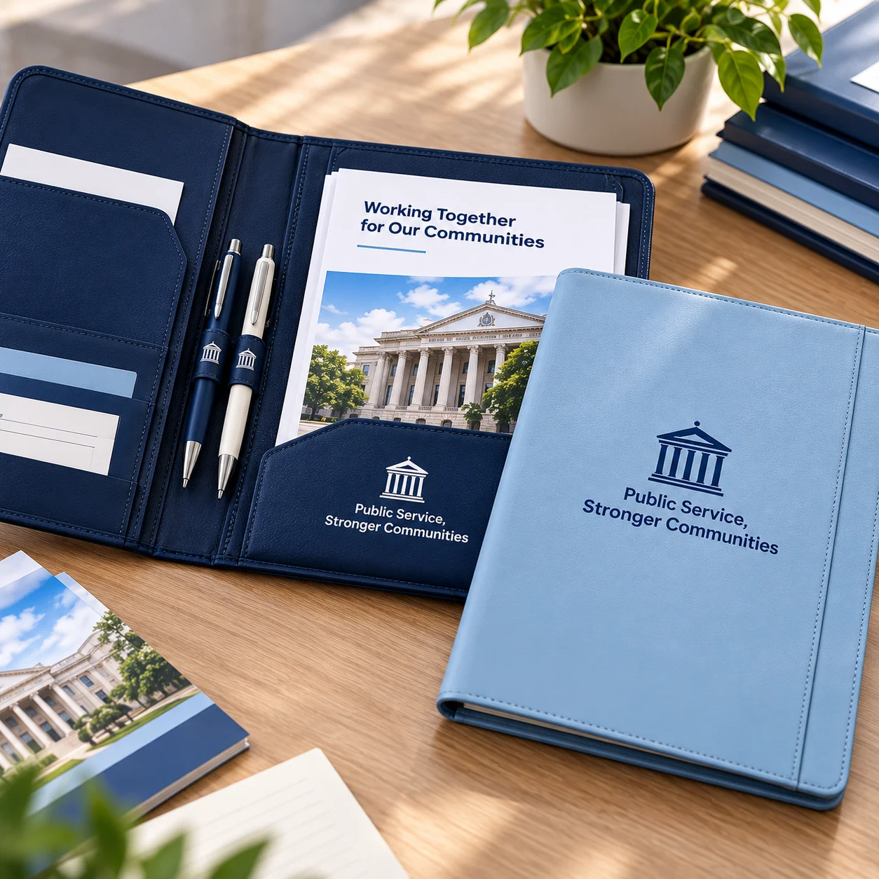 Open navy conference portfolio with papers and pens beside a branded light blue folder