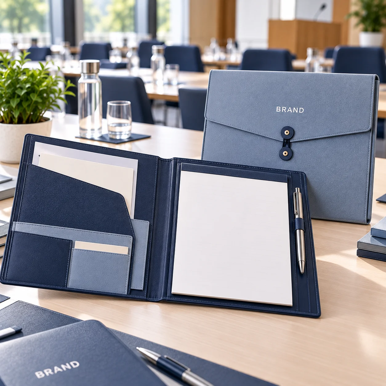 Open navy conference portfolio beside a pale-blue-gray document folder