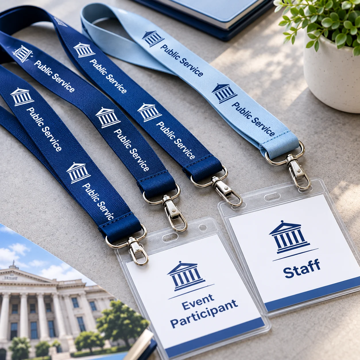 Navy and light blue public-service lanyards with event participant and staff badge holders