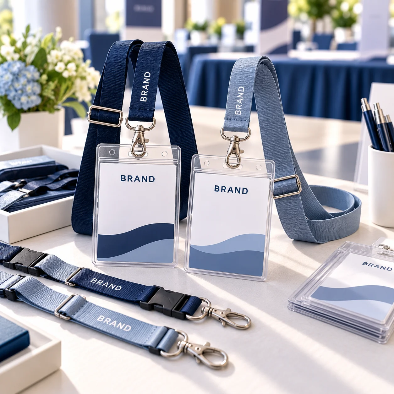 Navy and slate-blue lanyards with clear badge holders on a registration table
