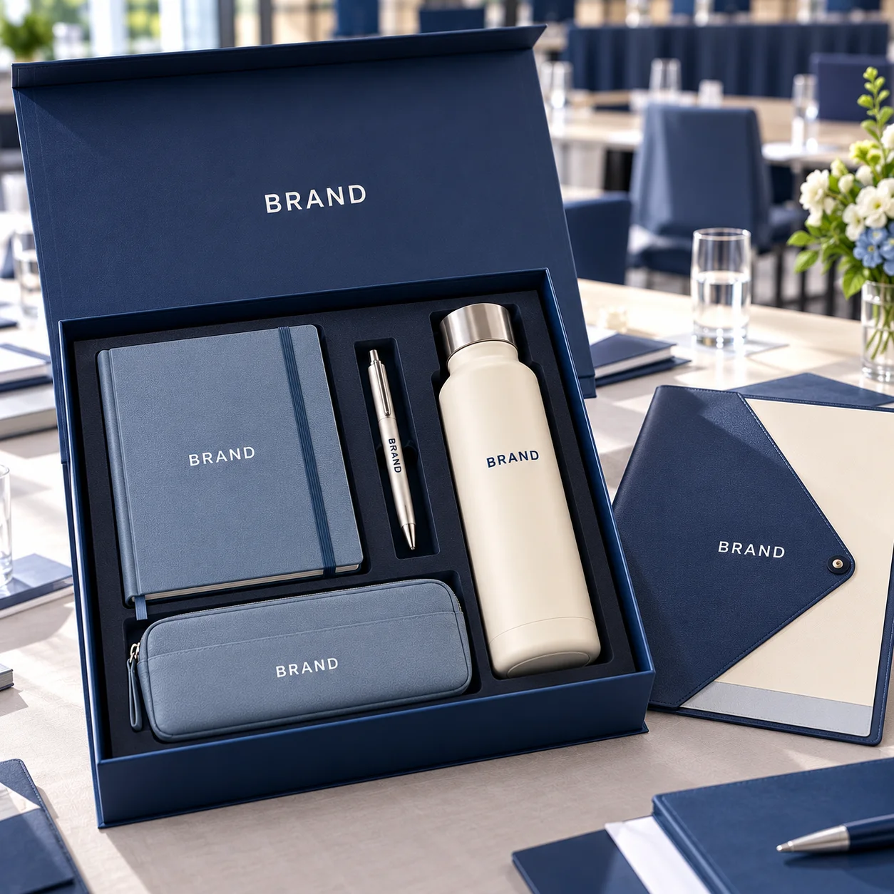 Open navy box containing a notebook, pen, bottle and document pouch