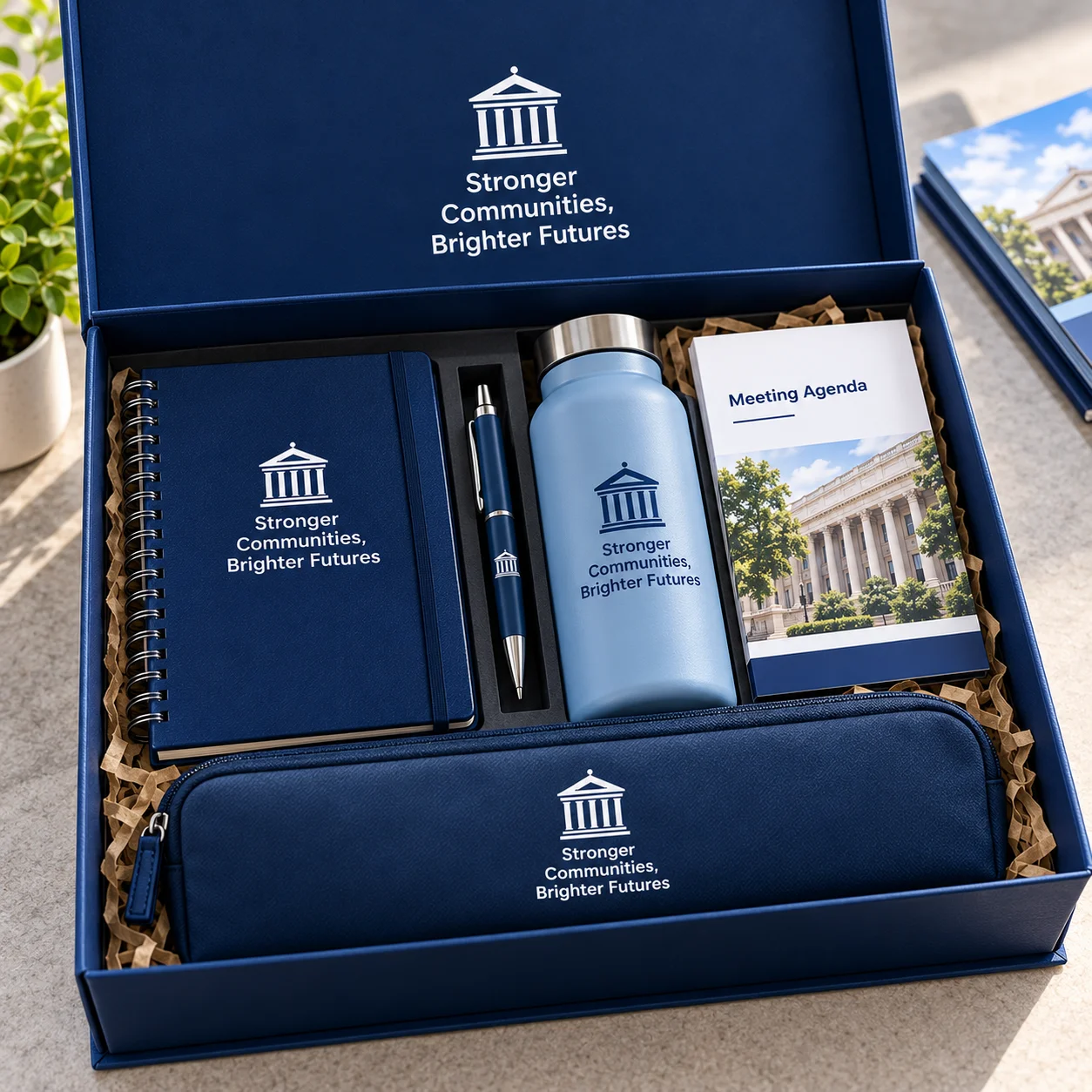 Open navy delegate pack containing civic-branded stationery, bottle, document pouch and agenda