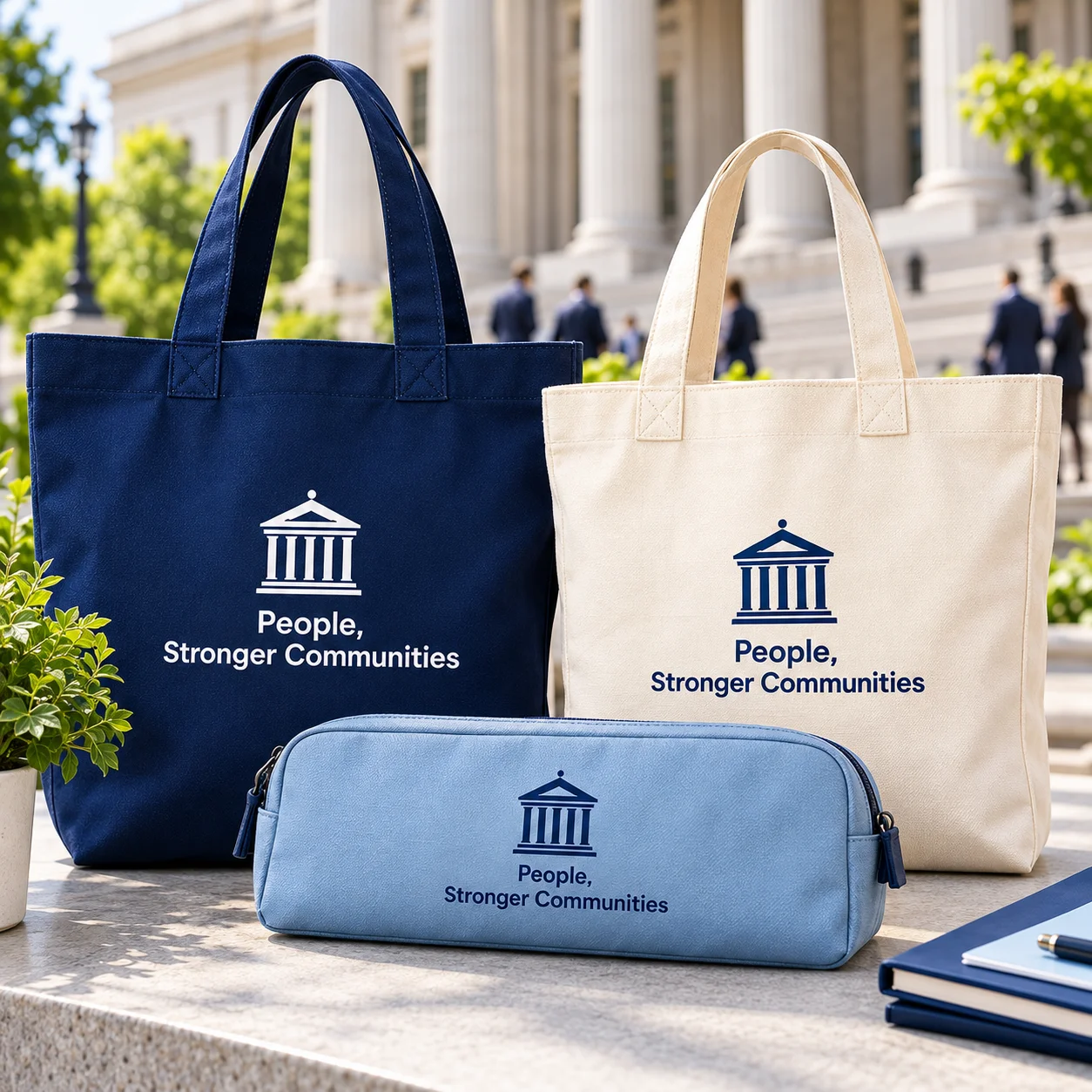 Navy and cream civic-branded tote bags with a light blue document pouch