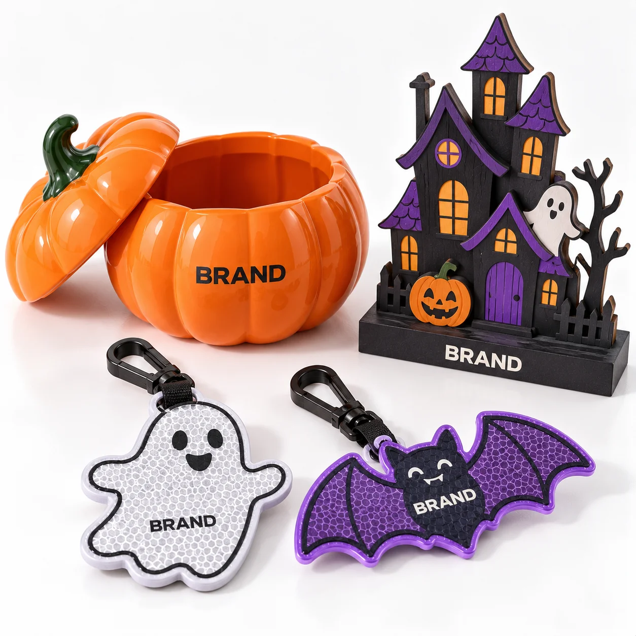 Pumpkin container, ghost and bat reflective clips and haunted-house desk decoration.