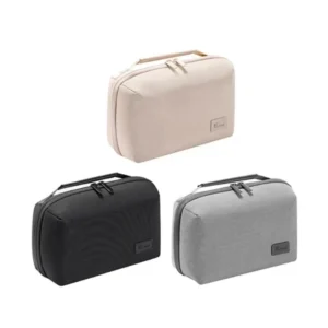 Open Custom Handheld Cable Organizer Pouchgray electronics pouch with cables and small accessories arranged in interior pockets and retaining loops