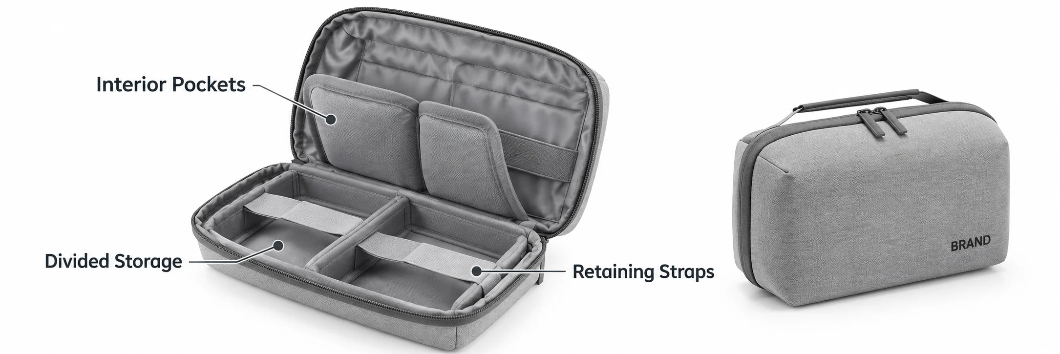 Empty open gray organizer showing dividers, interior pockets and retaining straps beside a closed pouch.