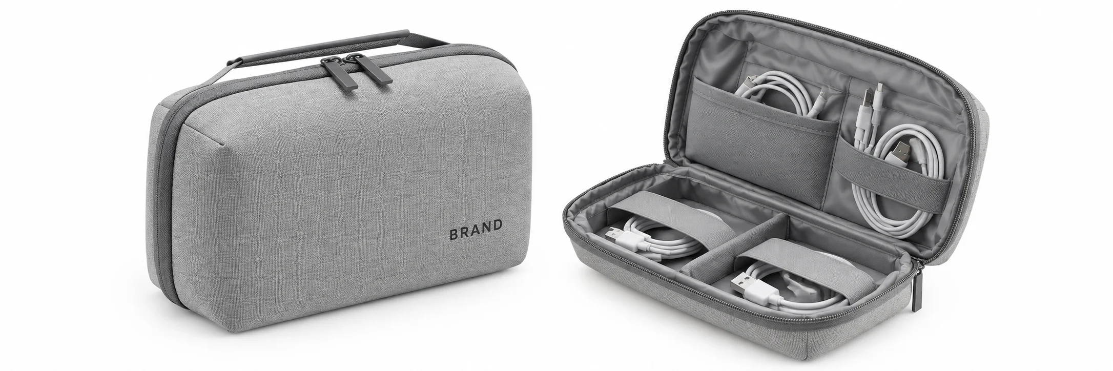 Closed gray organizer with dark lettering beside an open view showing divided accessory storage.