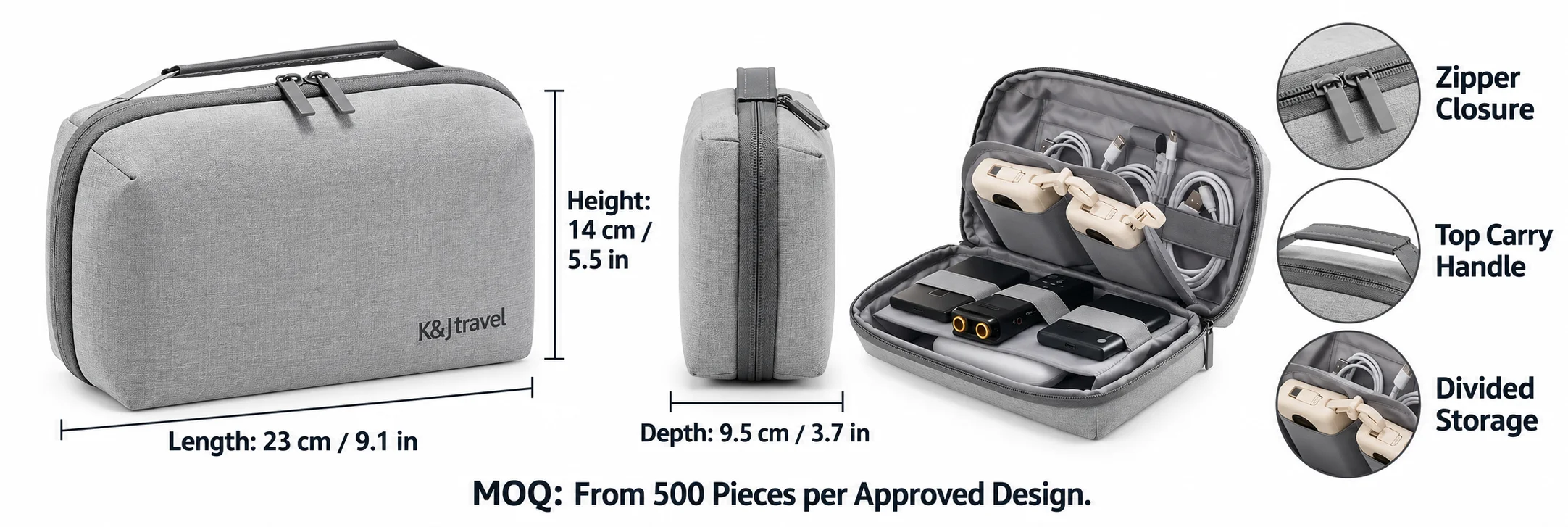 Gray organizer with external dimensions, zipper and carrying handle labels and minimum order information.