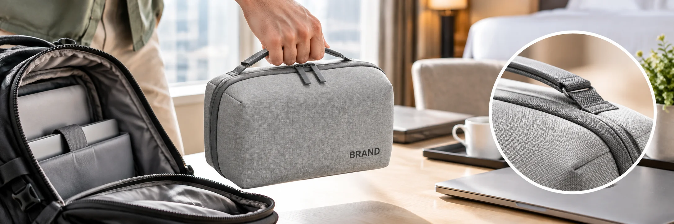 Traveler lifting a gray organizer by its top handle beside a work backpack, with a handle attachment close-up.