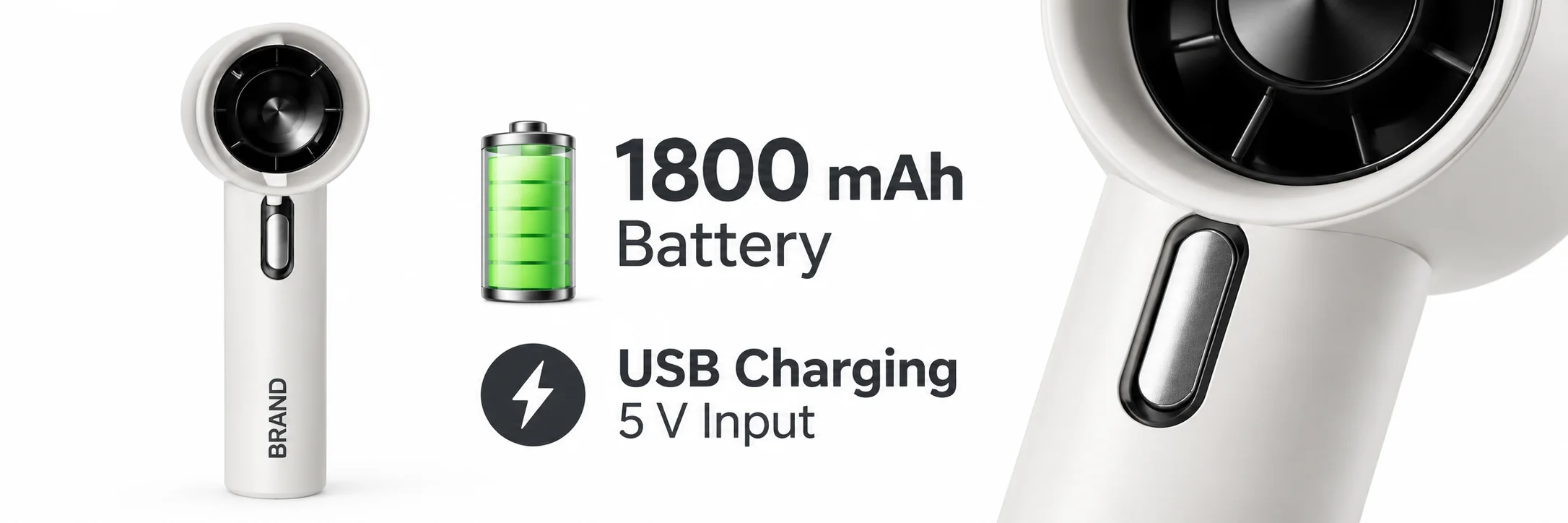 White handheld fan beside 1800 mAh battery and 5 V USB charging labels
