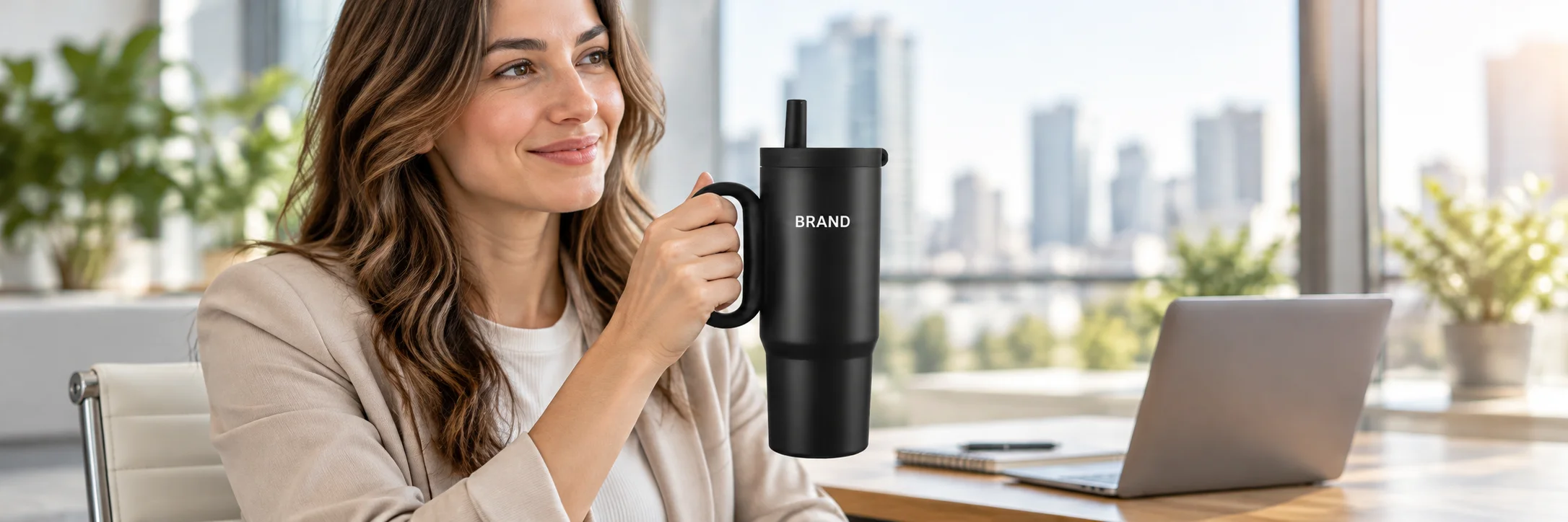 Seated professional holding a black handled tumbler upright during an office break