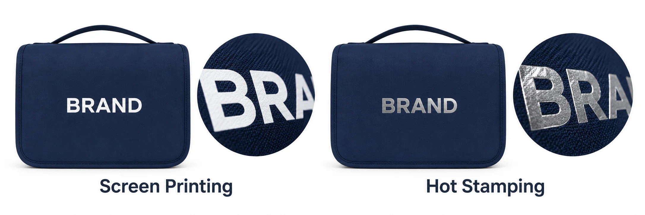 Navy toiletry organizer views showing white printed and silver foil-style lettering with enlarged finish details.