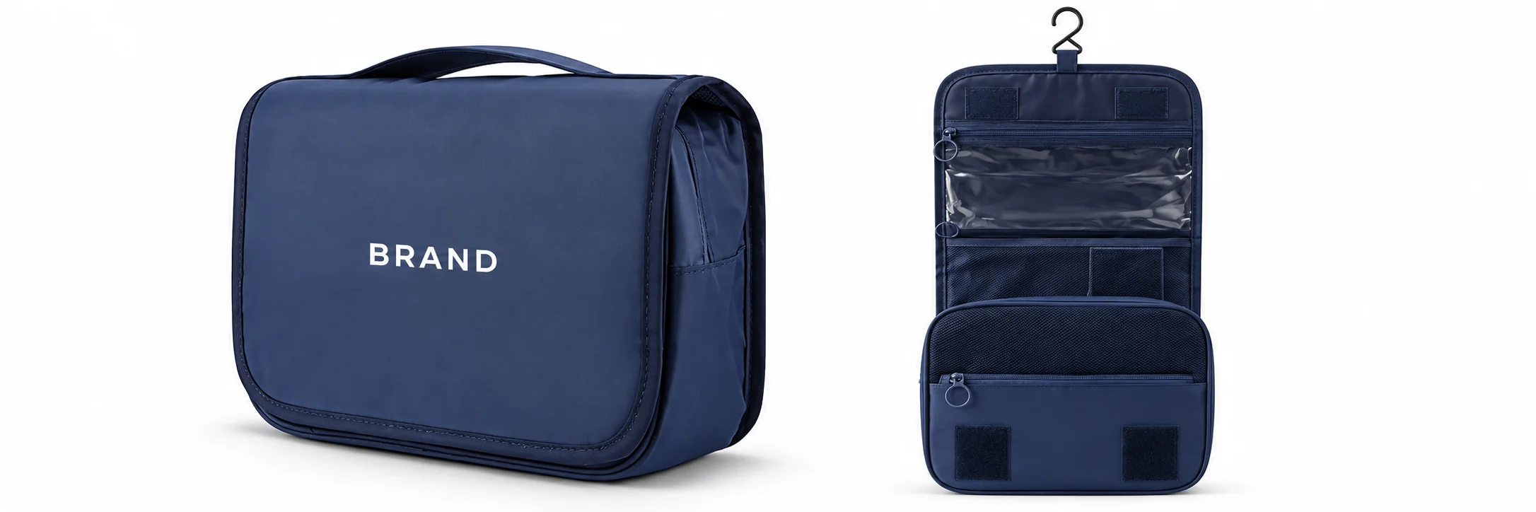 Closed navy organizer with white lettering beside an open view showing its hook and storage pockets.