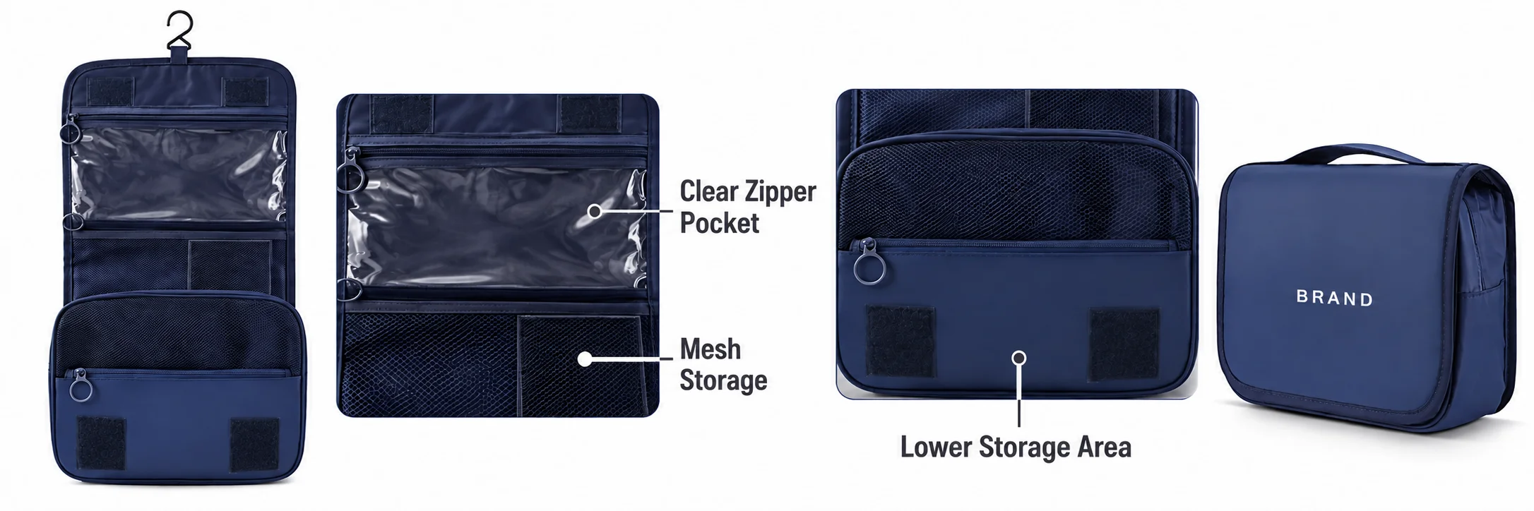Open navy organizer with labels identifying the clear zipper pocket, mesh storage and lower storage area.