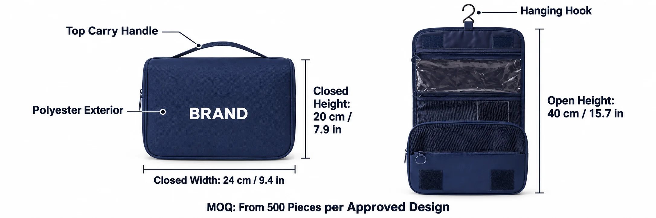 Closed and open navy organizer views with product measurements, handle and hook labels and minimum order information.