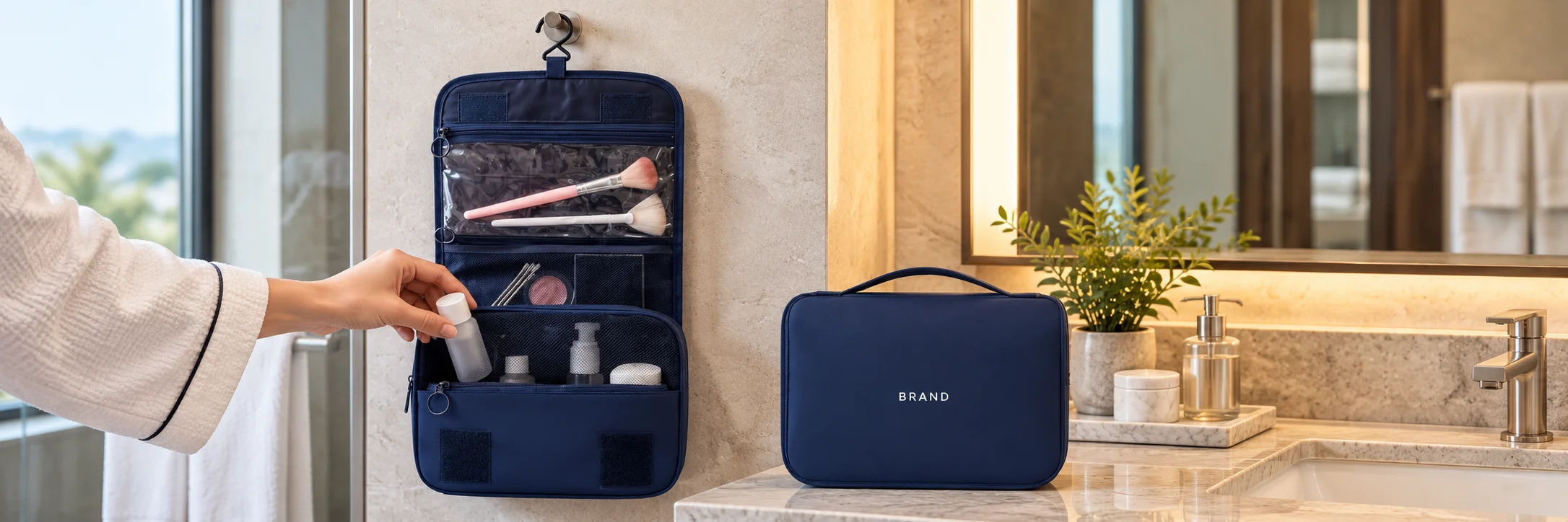 Traveler taking a small toiletry container from an open navy organizer hanging in a hotel bathroom.