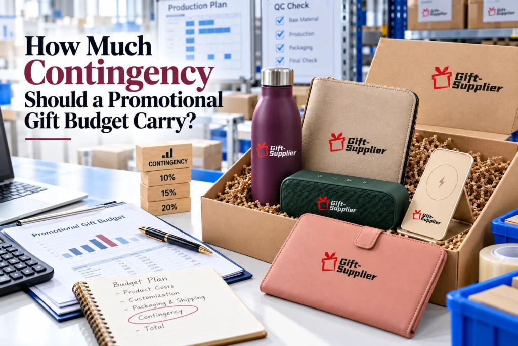Promotional gift budget planning scene illustrating how much contingency a promotional gift budget should carry.