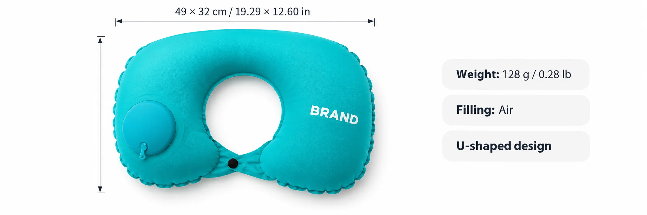 Turquoise inflatable neck pillow with overall size, 128-gram weight and air filling specifications