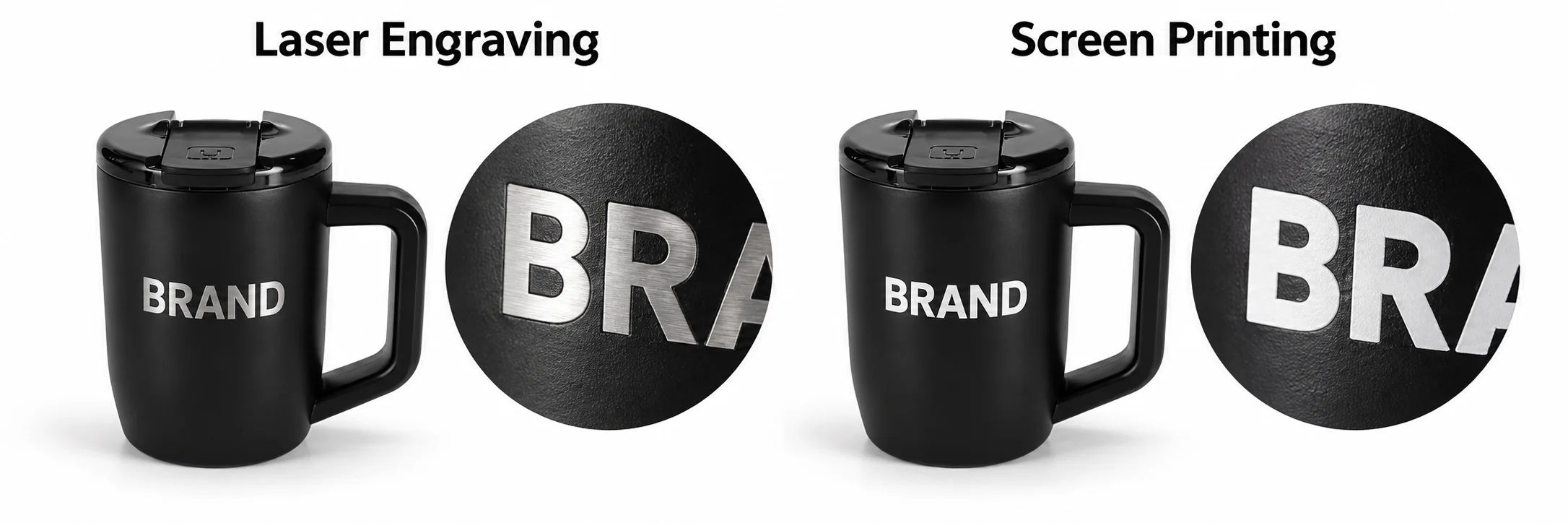 Laser engraving and screen printing demonstrated on black coffee mugs with enlarged lettering details