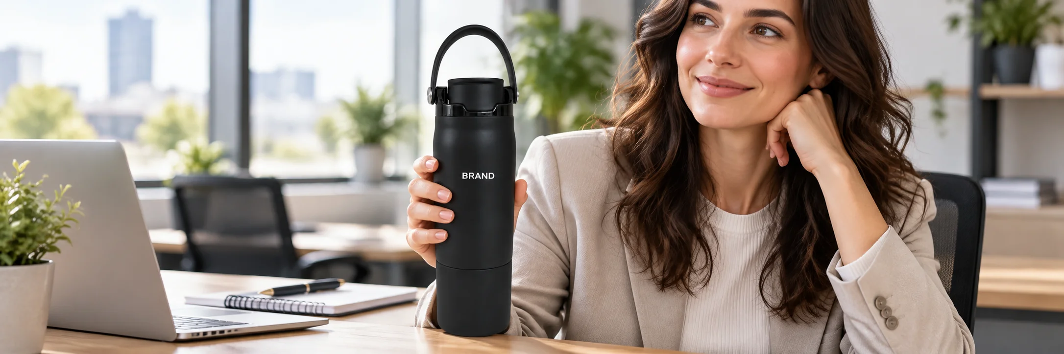 Professional holding a black insulated sports bottle upright during an office break