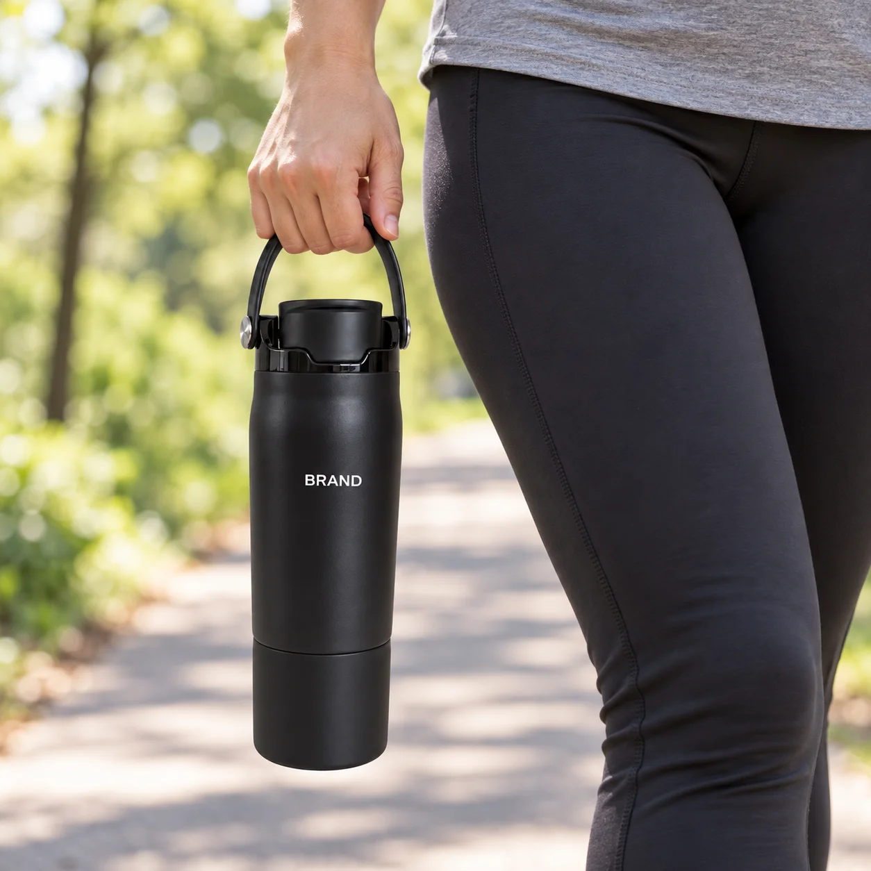 Adult holding a black sports bottle by its arched handle beside a park path