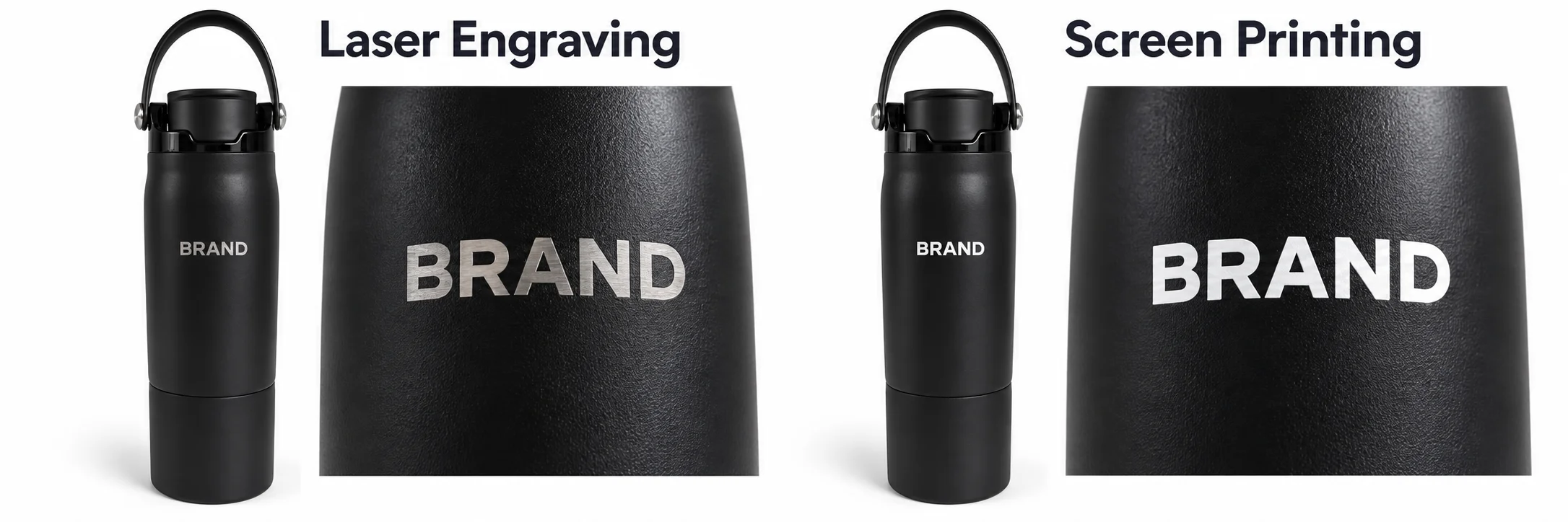 Laser engraving and screen printing demonstrated on black sports bottles with enlarged lettering details